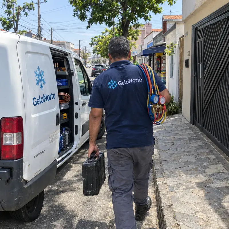 Técnico da GeloNorte chegando para o atendimento com a van de serviço